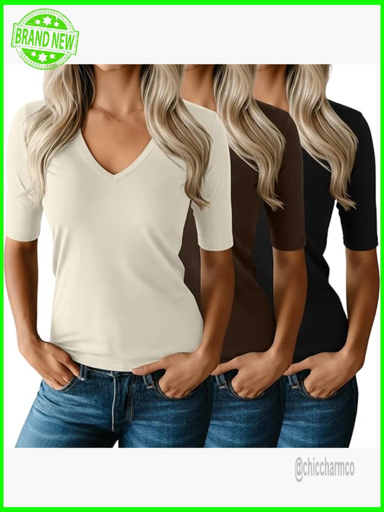 Slim Fit V-Neck Tunic Tee, 3/4 Sleeve, Cotton Blend, 3-Pack
